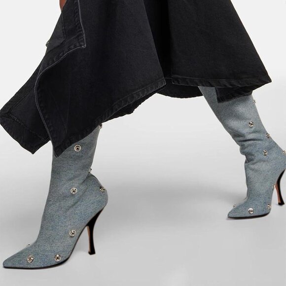 Women's Denim Blue Suede Detachable Snap-off Panel Fold Over Fall Shark Boots - Picture 4 of 8